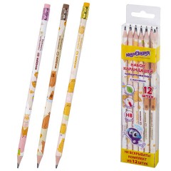 Набор карандашей чернографитных с принтом ЮНЛАНДИЯ "FAT ANIMALS", 12 штук, HB, с ластиком, корпус ассорти, 182035