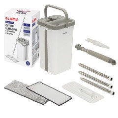 Швабра с отжимом и ведром 12л/9л двухкамерное, 2 насадки микрофибра, карманы с 2-х сторон, рукоятка 134-154см белый NeoMop XL, LAIMA,609149