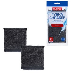 Губка-скрабер 11х10х1,5 см, поролон + металлическая оплетка КОМПЛЕКТ 2 штуки, посуда, уборка, LAIMA, 700058