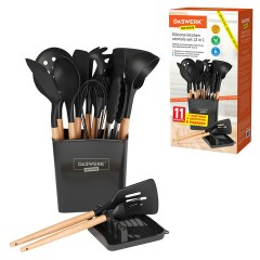 Набор силиконовых кухонных принадлежностей с деревянными ручками 13 в 1, черный, DASWERK (ДАСВЕРК), 608197