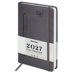 Ежедневник датированный 2027, А5, 138x213 мм, BRAUBERG "Optimal", под кожу, резинка, держатель для ручки, серый, 117933