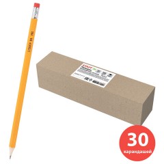 Карандаши чернографитные простые с ластиком HB, ВЫГОДНАЯ УПАКОВКА КОМПЛЕКТ 30 штук, STAFF, 181881
