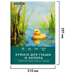 Бумага для гуаши и акрила А4 20 л., 235 г/м2, 210х297 мм, в папке, BRAUBERG ART CLASSIC, "Уточка", 117732 - фото 2