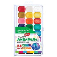 Краски акварельные BRAUBERG KIDS NEW, медовые, 24 цвета (18 базовых + 6 перламутр), квадратные кюветы, пластик. пенал с европодвесом, 192798