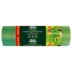 Мешки для мусора 60 л, с завязками, 70х60 см, XL, зеленые, 14 мкм, 15 шт., MASTER FRESH