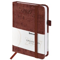 Ежедневник датированный 2027, МАЛЫЙ ФОРМАТ, 100х150 мм, А6, BRAUBERG "Wood", под кожу, коричневый, 118117