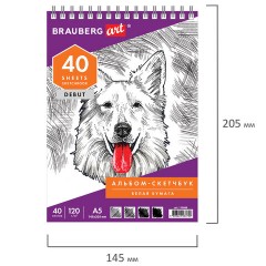 Скетчбук, белая бумага 120 г/м2, 145х205 мм, 40 л., гребень, жёсткая подложка, BRAUBERG ART DEBUT, 110988 - фото 5