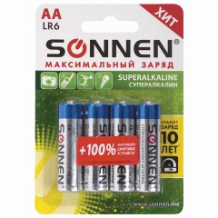 Батарейки КОМПЛЕКТ 4 шт., SONNEN Super Alkaline, АА (LR6,15А), алкалиновые, пальчиковые, блистер, 451094 - фото 1