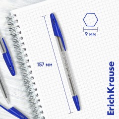Ручка шариковая ERICH KRAUSE "R-301 Classic", СИНЯЯ, корпус прозрачный, узел 1 мм, линия письма 0,5 мм, 43184 - фото 2