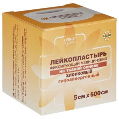 Лейкопластырь рулонный 5х500 см, LEIKO, тканевая основа, белый, картонная коробка, 531220