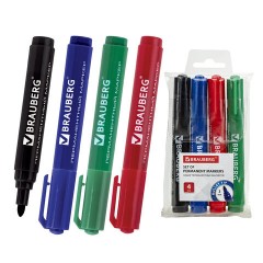 Маркеры перманентные BRAUBERG "Classic", НАБОР 4 ЦВЕТА, круглый наконечник, 3 мм, 150299