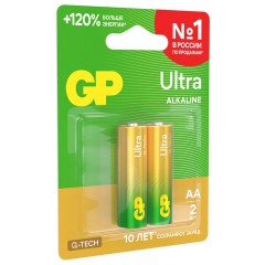 Батарейки КОМПЛЕКТ 2 шт., GP Ultra G-Tech, AA (LR6,15А), алкалиновые, пальчиковые, 15AUA21-2CRSBC2 - фото 5