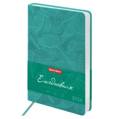 Ежедневник датированный 2026 А5 138x213 мм, BRAUBERG "Foliage", под кожу, гибкий, бирюзовый, 117127