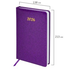 Ежедневник датированный 2026 А5 138x213 мм BRAUBERG Sparkle, под кожу, блестки, фиолетовый, 117438 - фото 2