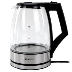 Чайник электрический SONNEN KT-1807, 1,8 л, 2200 Вт, термостойкое стекло, внутренняя подсветка синяя, нержавеющая сталь, 455140