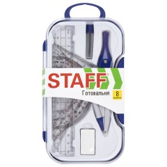 Готовальня STAFF, 8 предметов: циркуль 115 мм, чертежные принадлежности, синий цвет, 210945