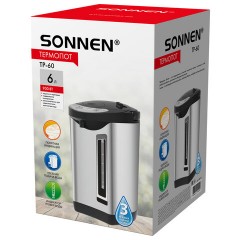 Термопот SONNEN TP-60, 6 л, 900 Вт, 1 температурный режим, 3 режима подачи воды, сталь, черный/серебро, 456713 - фото 2