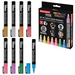 Маркеры меловые CHALK LIQUID MARKER, МЕТАЛЛИК, НАБОР 8 ЦВЕТОВ, 3 мм, стираемые, BRAUBERG "CHALK", 152599
