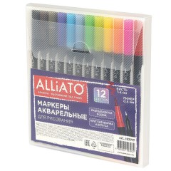 Маркеры для рисования, 12 цветов, двусторонние, художественные (кисть и линер), акварельные, ALLIATO (АЛЛИАТО), 152717
