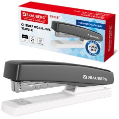 Степлер №24/6, 26/6 BRAUBERG "STYLE PRO", до 25 листов, полнозагрузочный, черный, 274681