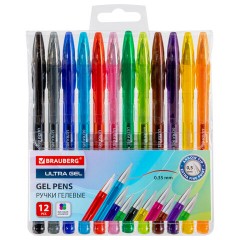 Ручки гелевые BRAUBERG "ULTRA GEL", НАБОР 12 ЦВЕТОВ, стандартный наконечник 0,5 мм, линия письма 0,35 мм, 144278