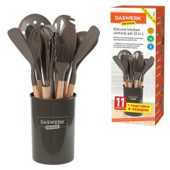 Набор силиконовых кухонных принадлежностей с деревянными ручками 12 в 1, серо-коричневый, DASWERK (ДАСВЕРК), 608195