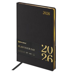 Еженедельник датированный 2026, БОЛЬШОЙ ФОРМАТ 210х297 мм, А4, BRAUBERG "Iguana", под кожу, черный, 117153