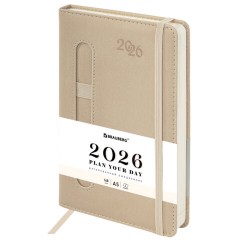 Ежедневник датированный 2026, А5, 138x213 мм, BRAUBERG "Optimal", под кожу, резинка, держатель для ручки, бежевый, 117467