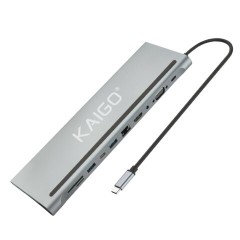 Док-станция хаб-разветвитель KG-050, в/с, 11 в 1, USB-A 2.0/3.2, Type-C 3.2 - PD 3.0, RJ-45, SD/TF 2.0, HDMI, VGA, AUX, 250 мм, серая, KAIGO, 355070