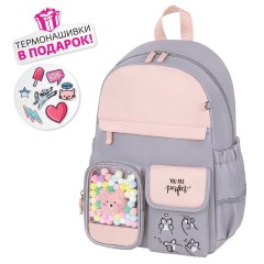 Рюкзак BRAUBERG PASTEL с термонашивками в комплекте, "Sweet paws", серый, 40х29х14 см, 272064 Рюкзак BRAUBERG PASTEL с термонашивками в комплекте, "Sweet paws", серый, 40х29х14 см, 272064 - фото 2