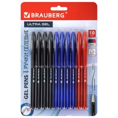Ручки гелевые BRAUBERG "ULTRA GEL", НАБОР 10 ШТУК (4 ЧЕРНЫХ, 4 СИНИХ, 2 КРАСНЫХ), стандартный наконечник 0,5 мм, линия 0,35 мм, 144270