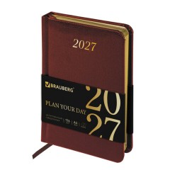 Ежедневник датированный 2027, МАЛЫЙ ФОРМАТ, 100х150 мм, А6, BRAUBERG "Iguana", под кожу, коричневый, 118107