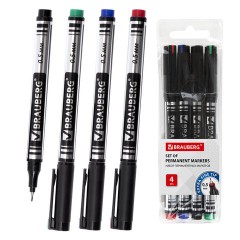Маркеры перманентные BRAUBERG "Jet", НАБОР 4 ЦВЕТА, супертонкий металлический наконечник 0,5 мм, 150511
