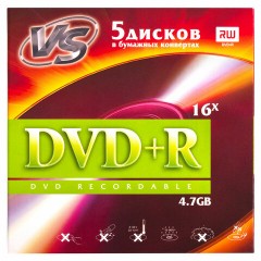 Диск DVD+R (плюс) VS, 4,7 Гб, 16х, бумажный конверт, КОМПЛЕКТ 5 шт., VSDVDPRK501 - фото 2