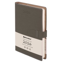 Ежедневник датированный 2026, А5, 143х218 мм, BRAUBERG "Journal", под кожу, застежка, держатель для ручки, органайзер, серый, 117381