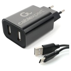 Зарядное устройство CABLEXPERT 12 Вт, 2.4 А, 2 х USB, кабель Type-C, 1 м, черный, коробка-блистер, MP3A-PC-37
