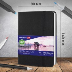 Скетчбук, белая бумага 140 г/м2 90х140 мм, 80 л., КОЖЗАМ, резинка, BRAUBERG ART CLASSIC, черный, 113180 - фото 3