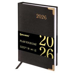 Ежедневник датированный 2026, А5, 138x213 мм, BRAUBERG "Senator", под кожу, черный, 117094