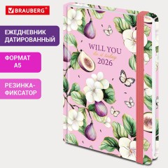 Ежедневник датированный 2026 с резинкой 145х203 мм, А5, BRAUBERG, твердый, фольга, "Инжир", 117337 - фото 10