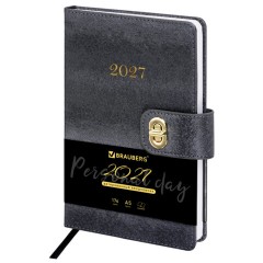 Ежедневник датированный 2027, А5, 138х213 мм, BRAUBERG "Elegant", под кожу, застежка, черный, 118016