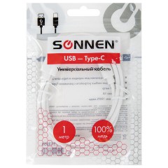 Кабель USB2.0 – Type-C, 1 м, SONNEN, медь, для передачи данных и зарядки, белый, 513558 - фото 3