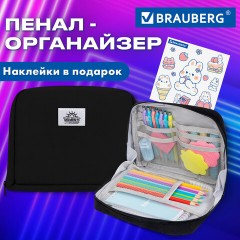 Пенал-органайзер BRAUBERG, 1 отделение, С НАКЛЕЙКАМИ, молния вокруг, канвас, 22x15х6 см, черный, 273596 - фото 11