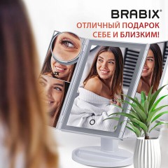 Зеркало настольное с LED-подсветкой для макияжа, размер 24х18 см, складное, увеличение х2, х3, х10, белое, BRABIX, 609337 - фото 20