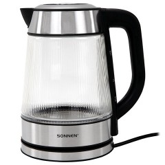 Чайник электрический SONNEN KT-6801, 1,8 л, 2200 Вт, термостойкое стекло текстура полоска, внутренняя подсветка синяя, нерж. сталь, 455143