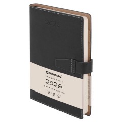 Ежедневник датированный 2026, А5, 143х218 мм, BRAUBERG "Journal", под кожу, застежка, держатель для ручки, органайзер, черный, 117382