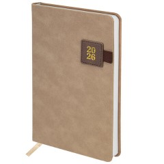 Ежедневник датированный 2026 А5 138х213 мм, BRAUBERG "Accent", под кожу, держатель, бежевый/коричневый, 117388