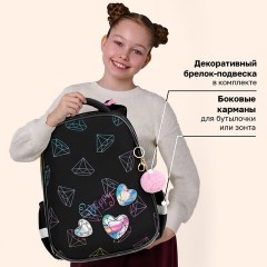 Ранец BRAUBERG LUMINOUS, 2 отделения, с брелоком, "Бриллианты", СВЕТЯЩИЙСЯ РИСУНОК, 38х29х16 см, 272070 - фото 14