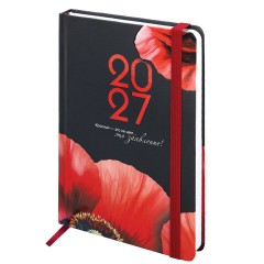 Ежедневник датированный 2027 с резинкой, 145х203 мм, А5, BRAUBERG, твердый, УФ-ЛАК, "Маки", 117834