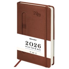 Ежедневник датированный 2026, А5, 138x213 мм, BRAUBERG "Optimal", под кожу, резинка, держатель для ручки, коричневый, 117468
