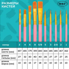 Кисти набор 10 шт., синтетика, розовые, № 2/0-8 (Круглые; Овальные; Плоские; Лайнеры), WBZ (ВБЗ), 201088 - фото 23